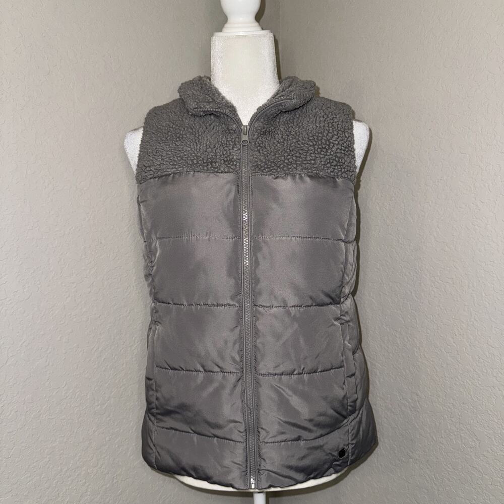 Ruff Hewn Puffer Vest Women's Small Gray Faux Sherpa Pockets Winter Full Zip